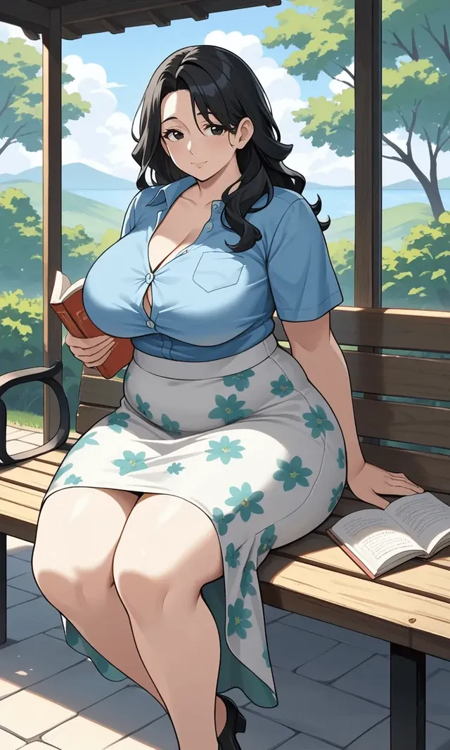 Illustration of a woman in a blue blouse and floral skirt reading on a sunny porch.